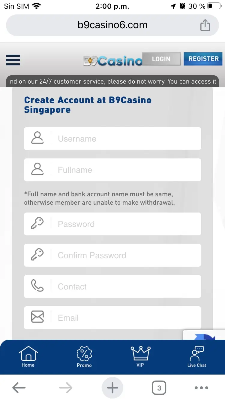 B9Casino register screnshot